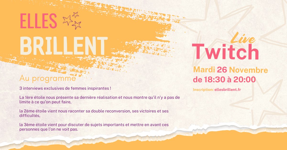 Prêtes à briller ? ✨

J'ai le plaisir de t’annoncer la création d'un nouvel événement qui met en avant les femmes de la tech : Elles brillent 🌟 !

Rendez-vous le mardi 26 novembre à 18h30 en direct sur Twitch pour une soirée exceptionnelle. 🎊