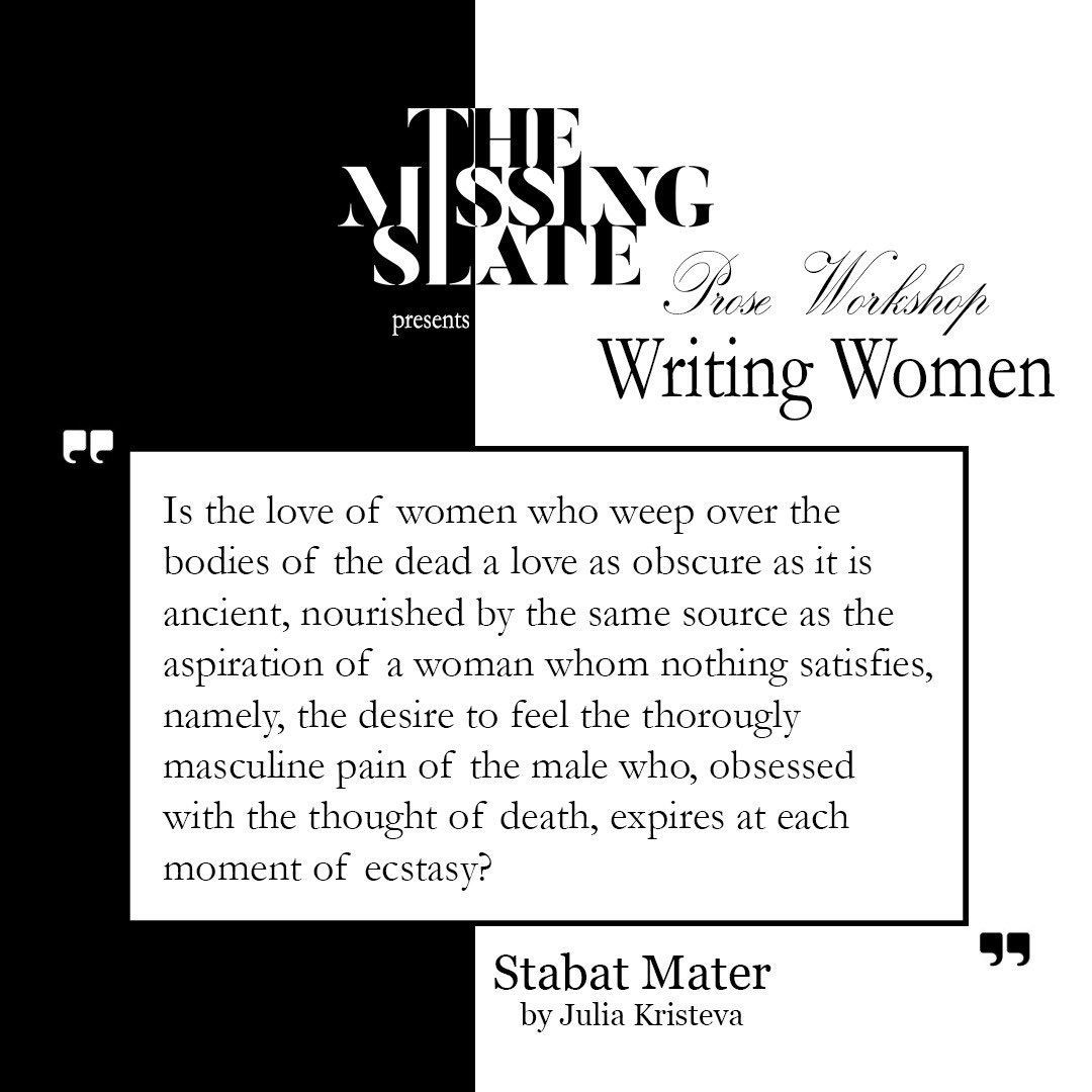 Our Fall Prose Workshop is led by Rameen Saad. Rameen (she/her) is a writer and researcher from the city by the sea, Karachi. Her work centers on the female body and the gravity of choice.

Have you signed up for it yet?

Send your registration emails at info@themissingslate.com