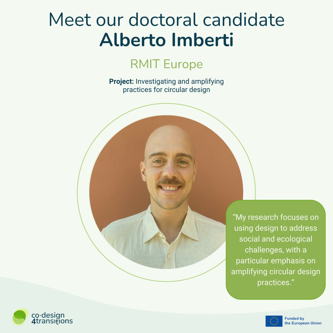 CoDesign4Transitions (@cod4transitions) on Twitter photo Meet the #CoDesign4Transitions #MSCA DCs! Alberto Imberti has joined <a href="/RMITEurope/">RMIT Europe</a> in Barcelona. His #PhD will investigate how circular practices can be designed to promote social inclusion and equity and ensure that the benefits of a circular economy are accessible across society. Meet the #CoDesign4Transitions #MSCA DCs! Alberto Imberti has joined <a href="/RMITEurope/">RMIT Europe</a> in Barcelona. His #PhD will investigate how circular practices can be designed to promote social inclusion and equity and ensure that the benefits of a circular economy are accessible across society.