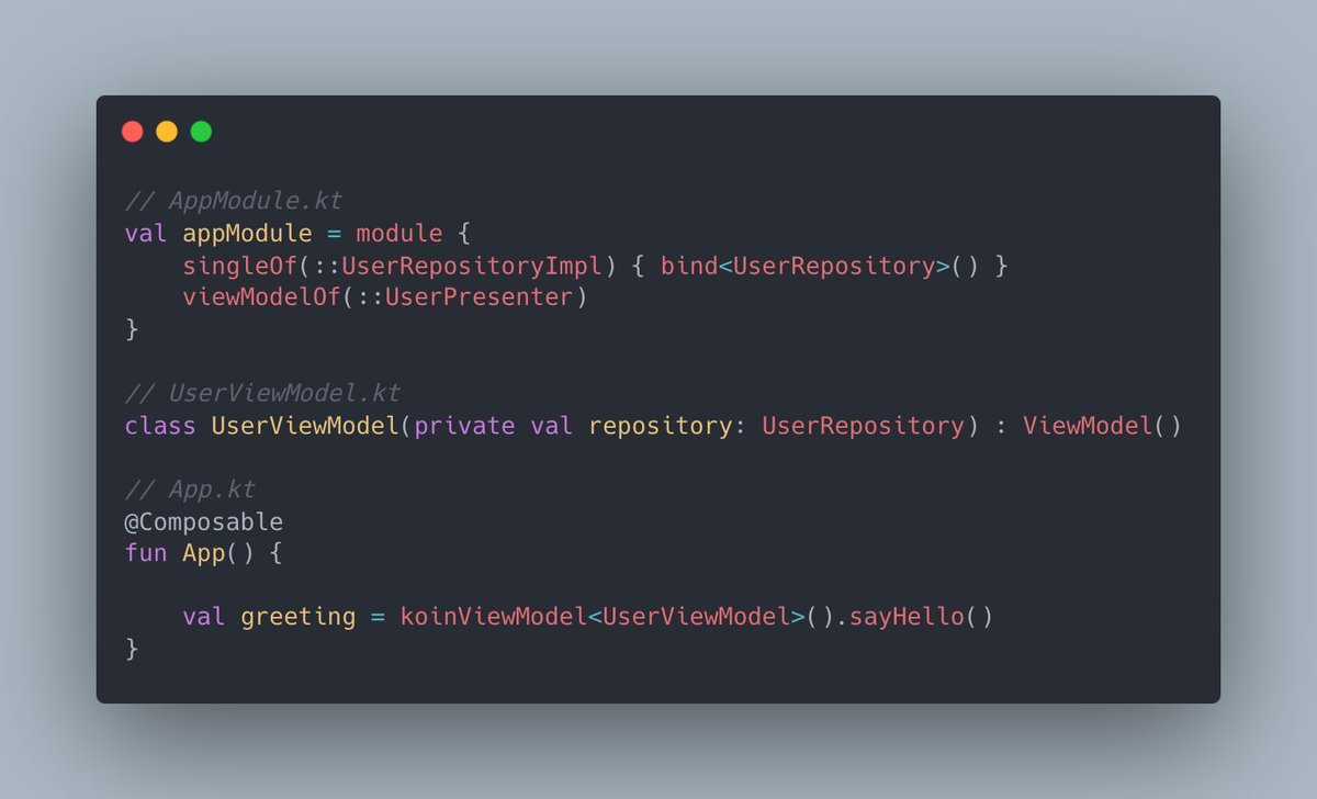 insertkoin_io's tweet image. While developing a#Compose #Multiplatform project, share your ViewModel directly. Declare your components and inject your #ViewModel using koinViewModel, just as you would in a traditional Android app