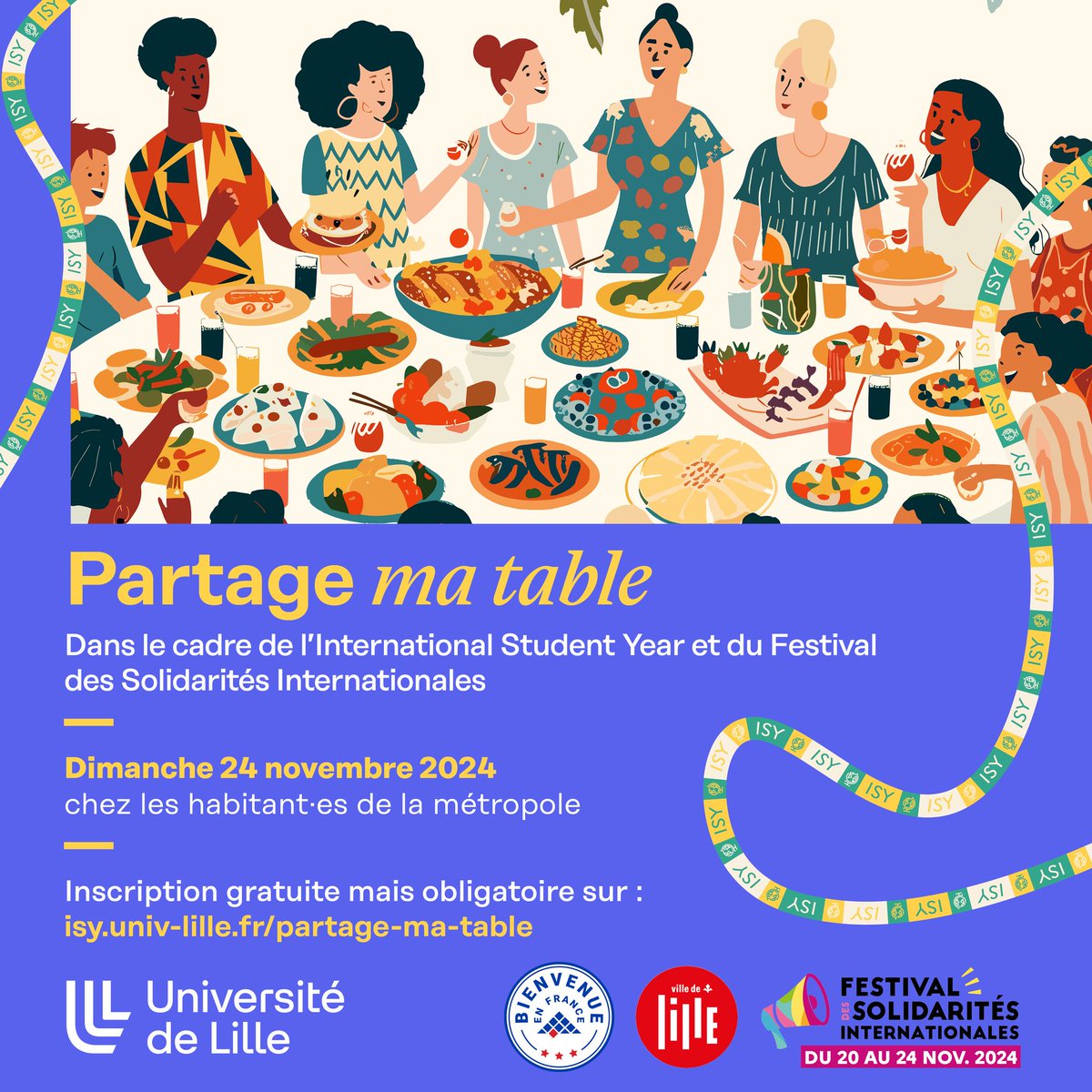 Université de Lille (@univ_lille) on Twitter photo 🍽️ <a href="/inter_univlille/">International - Université de Lille</a> organise "Partage ma table !", un événement qui permet aux étudiants internationaux #ULille de rencontrer les habitant·es de la métropole, autour d’un repas le dimanche 24/11.
Inscription avant le 17/11 👇
isy.univ-lille.fr/partage-ma-tab… 🍽️ <a href="/inter_univlille/">International - Université de Lille</a> organise "Partage ma table !", un événement qui permet aux étudiants internationaux #ULille de rencontrer les habitant·es de la métropole, autour d’un repas le dimanche 24/11.
Inscription avant le 17/11 👇
isy.univ-lille.fr/partage-ma-tab…