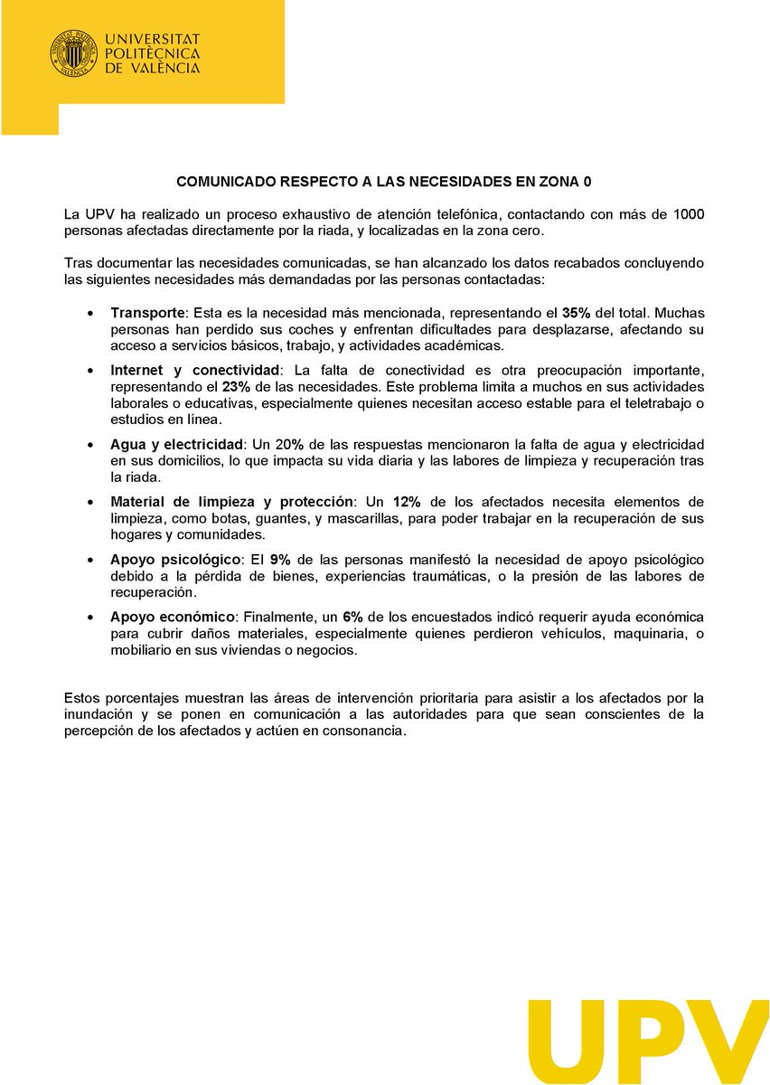 Universitat Politècnica de València (@upv) on Twitter photo 🔴 COMUNICADO RESPECTO A LAS NECESIDADES EN ZONA 0
📞 La <a href="/UPV/">Universitat Politècnica de València</a> ha contactado con más de 1000 personas afectadas directamente por la riada, y localizadas en la zona cero.
🙌🏻 Las necesidades más demandadas por las personas contactadas se recogen en este documento: 🔴 COMUNICADO RESPECTO A LAS NECESIDADES EN ZONA 0
📞 La <a href="/UPV/">Universitat Politècnica de València</a> ha contactado con más de 1000 personas afectadas directamente por la riada, y localizadas en la zona cero.
🙌🏻 Las necesidades más demandadas por las personas contactadas se recogen en este documento:
