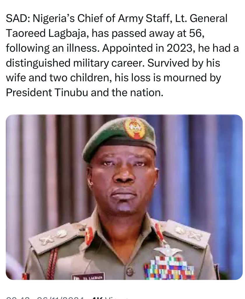 iconic_miss's tweet photo. No one is talking about how two Military chief have suddenly died in the space of 3-4 years.
First, it was Atahiru in a plane crash and now lagbaja. What is really going on ???? #lagbaja #chiefofarmystaff #nigeriaarmy #Nigeria #trump #USAElections2024 #Tinubu #ebonga #dead https://t.co/YQB6Wzw7ZC