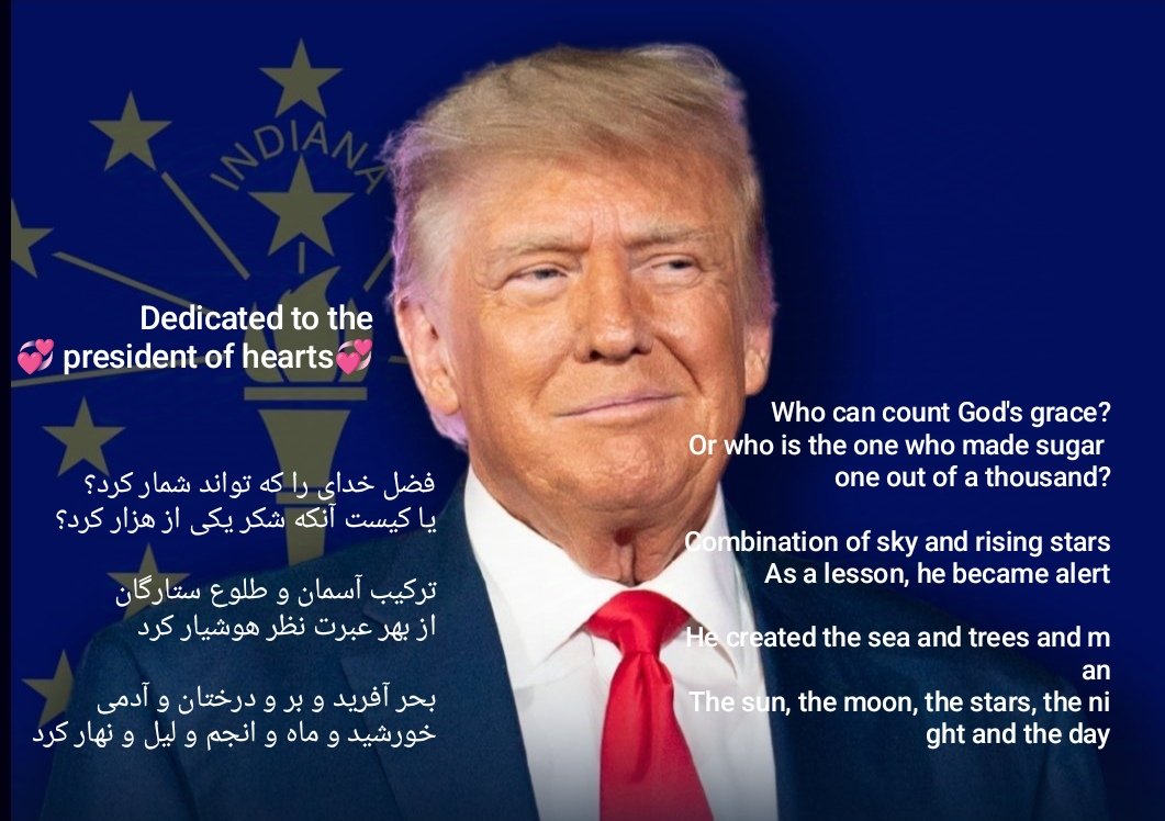 marefat_1342's tweet photo. @realDonaldTrump
🥀 Lovely handsome 🥀
  🥀 President of hearts 🥀
  Congratulations on a #re_start 
  A #Parsi 
  Stay away from miles
  Verses from Saadi's poems
  dedicated to 
  🥀 President of hearts 🥀
  Be safe in the shadow of the Messiah of Time
  #Make_America_Great https://t.co/I8EpOeOwpc
