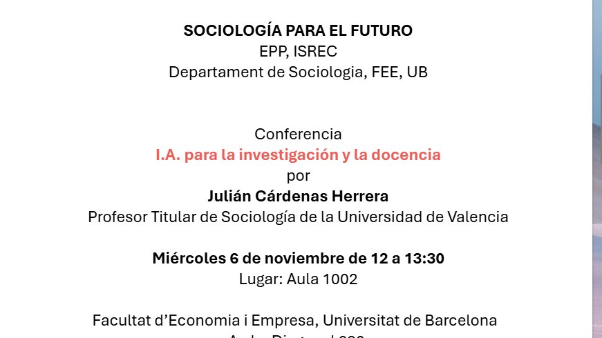 SociologiaUB (@sociologiaub) on Twitter photo Reflexions sobre IA per la recerca i la docència: Conferència de Julián Cárdenas avui a la <a href="/ubfacecoiempres/">Facultat d'Economia i Empresa UB</a> organitzada pel grup consolidat d'Estudis de Poder i Privilegi i el centre de recerca ISREC👇 Reflexions sobre IA per la recerca i la docència: Conferència de Julián Cárdenas avui a la <a href="/ubfacecoiempres/">Facultat d'Economia i Empresa UB</a> organitzada pel grup consolidat d'Estudis de Poder i Privilegi i el centre de recerca ISREC👇
