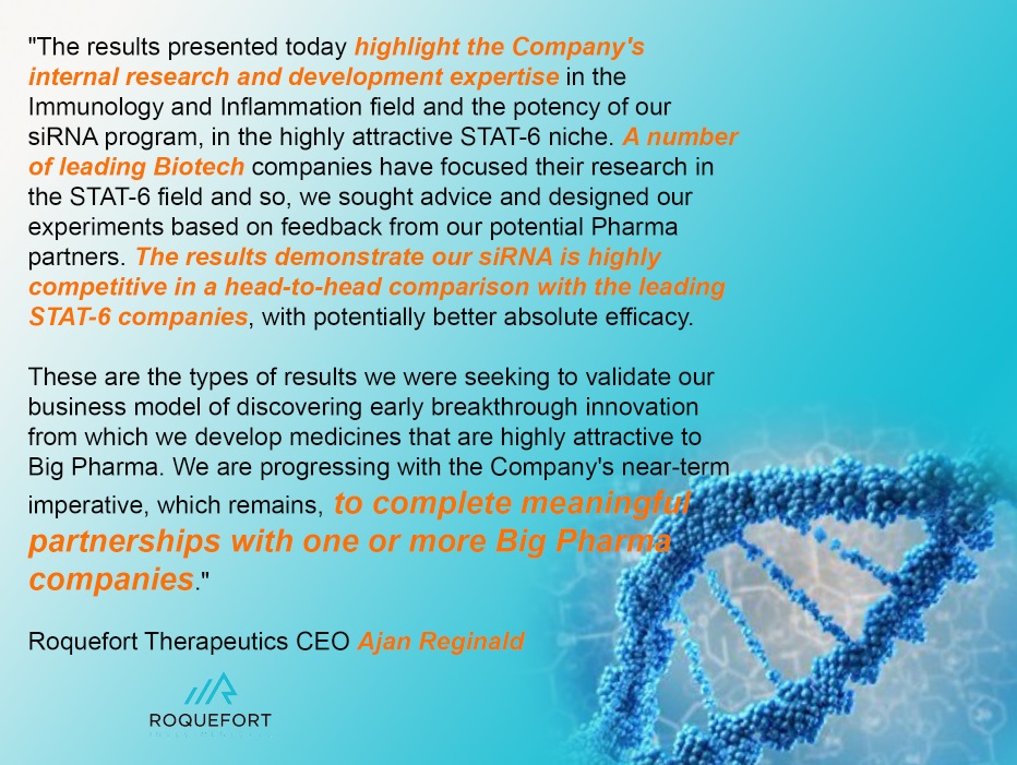 We are progressing with the Company's near-term imperative, which remains, to complete meaningful partnerships with one or more Big Pharma companies

#ROQ #siRNA #STAT6