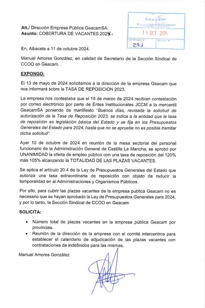 CCOO GEACAM #SalarioOConflicto (@ccoogeacam) on Twitter photo <a href="/CCOO/">COMISIONES OBRERAS</a> <a href="/Industria_CCOO/">CCOO de Industria #PactoIndustriaYA</a> <a href="/manoloayna/">Manuel Amores</a> <a href="/Villartapackov1/">Villartapackovich</a> <a href="/Izka586704/">Izka</a> <a href="/naxocrclm/">IMP Ccoo</a> <a href="/rubioRR/">J.R</a> <a href="/EduMedinaL/">Foco Secundario</a> <a href="/Alexpinto1917/">Alex pinto</a> La Sección Sindical volvimos a reclamar la COBERTURA DE VACANTES el 11 de octubre de 2024.
Y solicitamos que se reuniera el comité intercentros para establecer el calendario de adjudicación de plazas vacantes con contratos indefinidos. <a href="/CCOO/">COMISIONES OBRERAS</a> <a href="/Industria_CCOO/">CCOO de Industria #PactoIndustriaYA</a> <a href="/manoloayna/">Manuel Amores</a> <a href="/Villartapackov1/">Villartapackovich</a> <a href="/Izka586704/">Izka</a> <a href="/naxocrclm/">IMP Ccoo</a> <a href="/rubioRR/">J.R</a> <a href="/EduMedinaL/">Foco Secundario</a> <a href="/Alexpinto1917/">Alex pinto</a> La Sección Sindical volvimos a reclamar la COBERTURA DE VACANTES el 11 de octubre de 2024.
Y solicitamos que se reuniera el comité intercentros para establecer el calendario de adjudicación de plazas vacantes con contratos indefinidos.