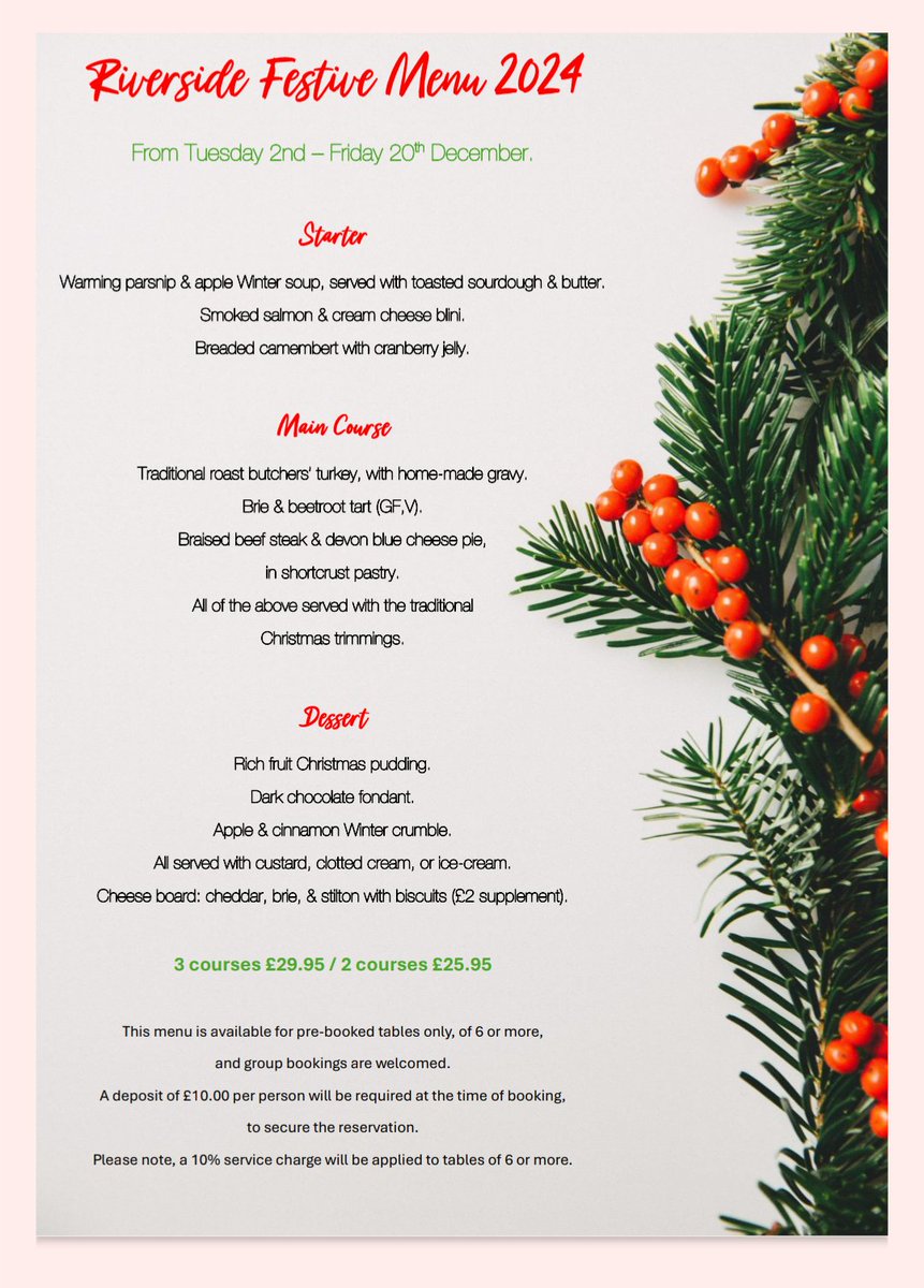 Don't forget to book your festive lunch get-together with us, dates are getting busy!
2nd-20th December, for pre-booked tables of 6+.
Large groups welcome, so round up your friends and family, &amp; get festive at Riverside!

Call to book: 01798 831066 

#Christmas #christmasfood
