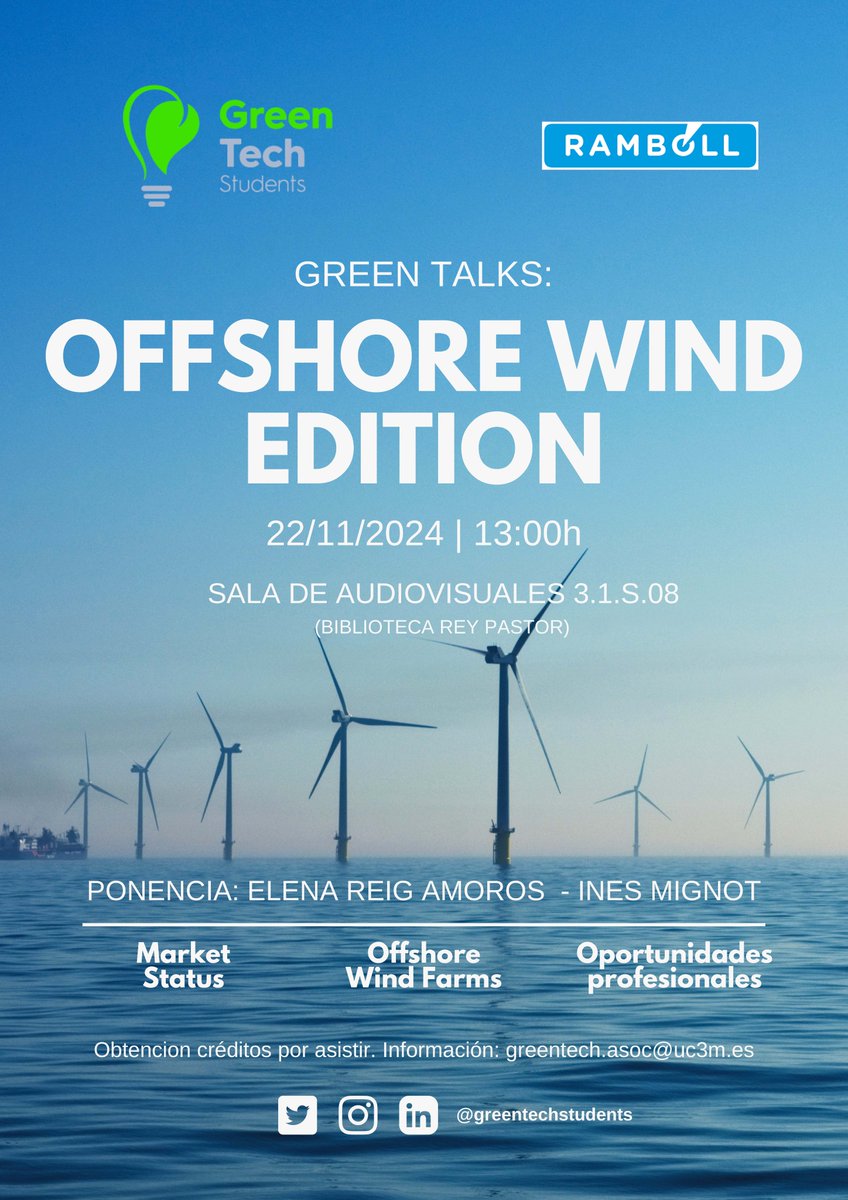 Centro de Orientación a Estudiantes UC3M (@orientacionuc3m) on Twitter photo ¿Conoces las Greentalks de la asociación <a href="/Greentechstu/">Greentech Students</a> ? Gracias a su OFFSHORE WIND EDITION, nos descubrirán el fascinante mundo de la eólica marina y su impacto en la energía del futuro. Ven y aprende con profesionales del sector. ¡Te esperamos! 💚⚡
👉goo.su/hOEeRdi ¿Conoces las Greentalks de la asociación <a href="/Greentechstu/">Greentech Students</a> ? Gracias a su OFFSHORE WIND EDITION, nos descubrirán el fascinante mundo de la eólica marina y su impacto en la energía del futuro. Ven y aprende con profesionales del sector. ¡Te esperamos! 💚⚡
👉goo.su/hOEeRdi