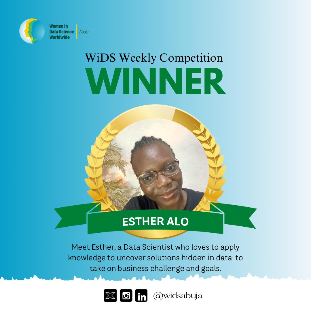 widsabuja (@widsabuja) on Twitter photo Congratulations <a href="/EstherAlo2/">Alo Esther Abimbola</a> for winning the WIDS weekly quiz for the second time!🏆🥳
Esther is a seasoned data scientist that loves to solve complex problems and improve business performance using data🚀 Congratulations <a href="/EstherAlo2/">Alo Esther Abimbola</a> for winning the WIDS weekly quiz for the second time!🏆🥳
Esther is a seasoned data scientist that loves to solve complex problems and improve business performance using data🚀