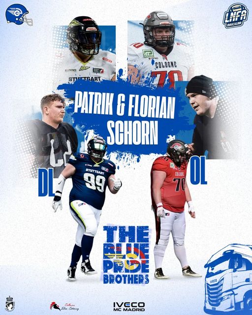 Los hermanos Schorn,  con experiencia en <a href="/ELF_Official/">European League of Football</a> , se suman a Camioneros para disputar la LNFA <a href="/FEFA_Spain/">FEFA</a>  y reforzar nuestras trincheras.
#BluePride <a href="/mc_iveco/">MC IVECO</a> <a href="/IvecoES/">IVECO España</a> <a href="/RevistaTRUCK/">Revista TRUCK</a> <a href="/Ayto_Coslada/">Ayuntamiento de Coslada</a>