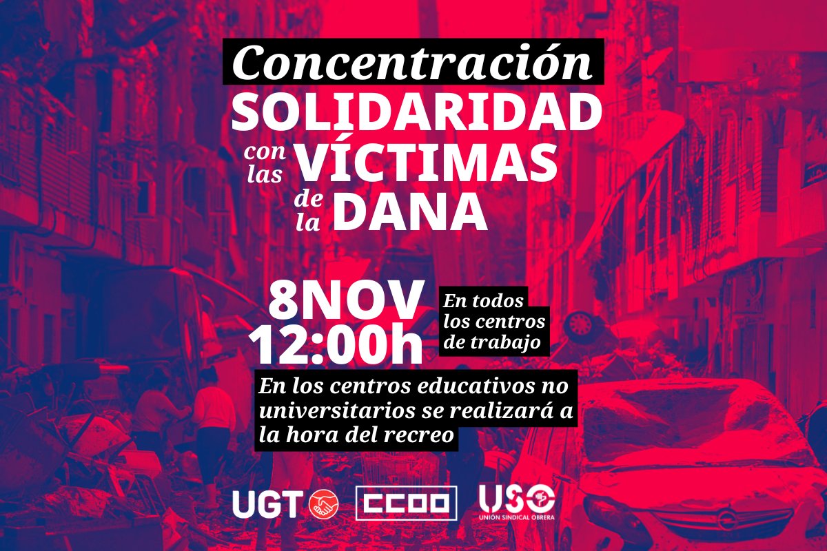 📢 Viernes 8 de noviembre a las 12:00 horas

🙋‍♀️ Concentración en todos los ayuntamientos y centros de trabajo

"Solidaridad con las víctimas. Protección para las personas damnificadas. Vamos a salir".

🔗 castillalamancha.fe.ccoo.es/noticia:709342