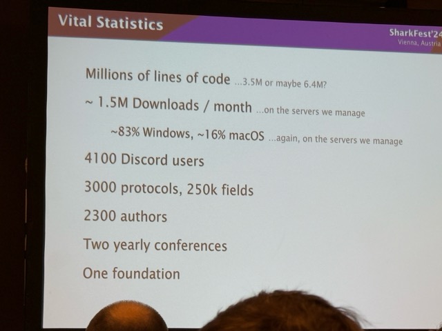 Sharkfest'24Europe始まりました！Geraldさんの基調講演が始まっています。
WiresharkもFalcoﾔSysdig統合でなんでもクラウドアナライザへと向かっています。ソースコードは整理して３５０万行、３０００プロトコル、２５０００フィールドとまだまだ広がっていきます→公式 sharkfest.wireshark.org/sfeu/