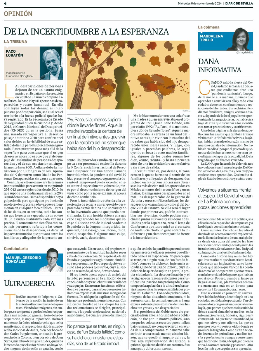 "La incertidumbre referida a la experiencia de tener un ser querido desaparecido, es más dañina que un virus

Es la zona cero en la que se hermana el sentir de los familiares de personas #desaparecidas en las circunstancias más diversas" por <a href="/paclobaton/">Paco Lobatón</a> 

personasdesaparecidas.es