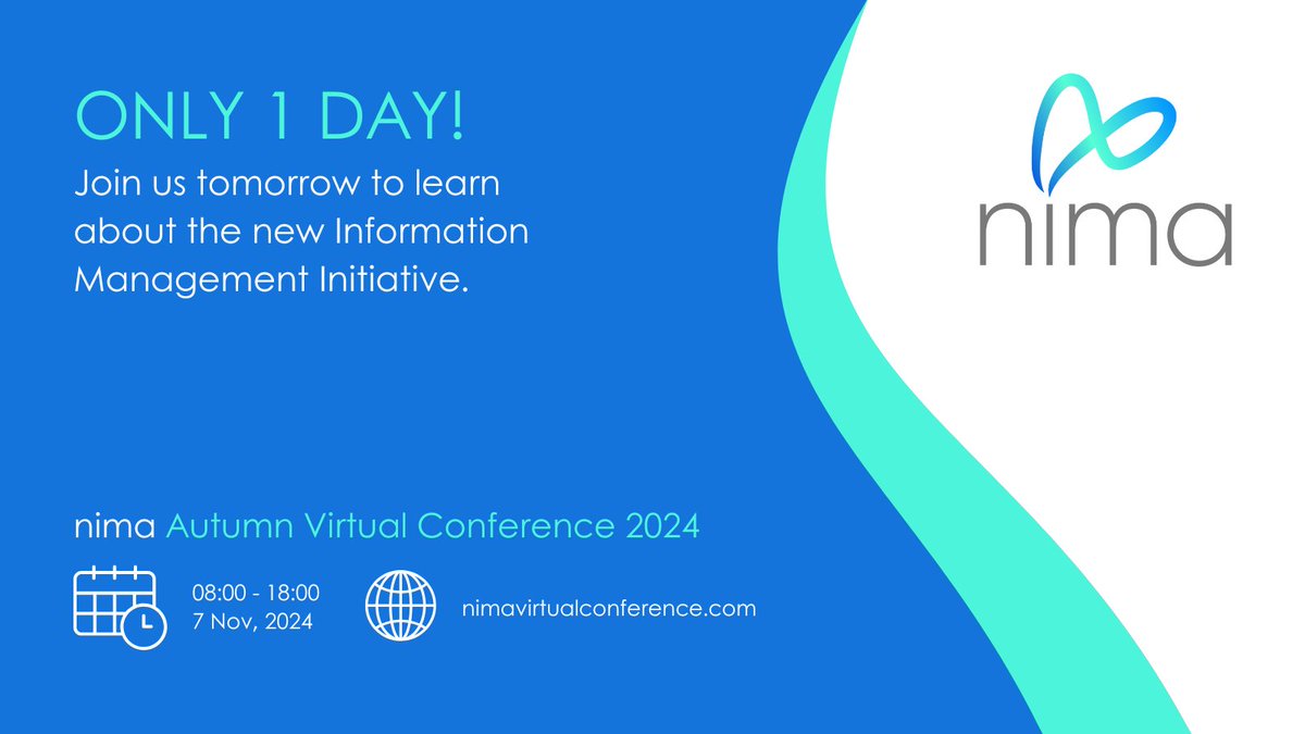 With only 1 day until #nimaAutumnVirtualConference2024 it’s time to plan your day around our #informationmanagement talks, networking and connecting with tech and #innovation specialists in the Virtual Exhibition Hall! 

And remember it is FREE to attend!
wearenima.im/events-calenda…