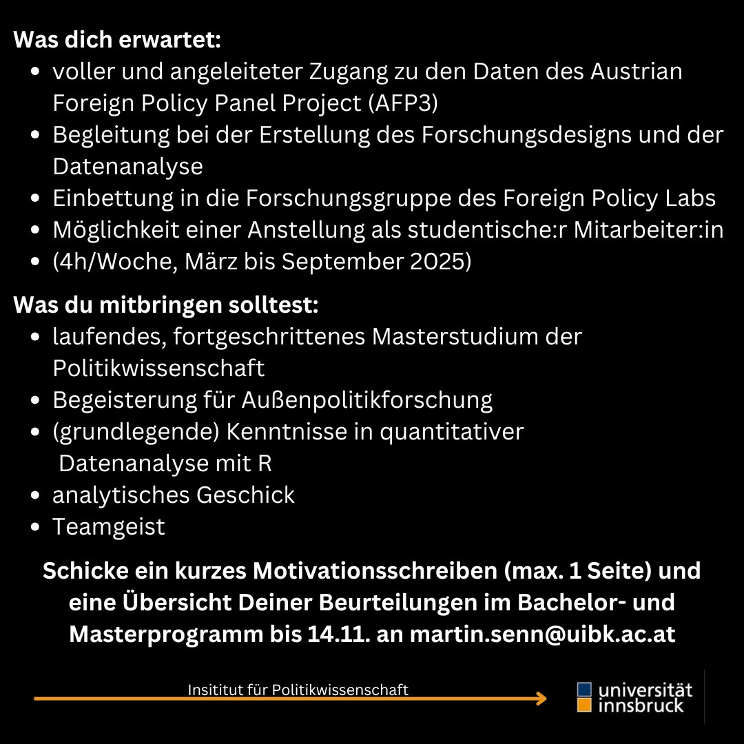 Das Foreign Policy Lab bietet Dir die Chance, in Deiner Masterarbeit die Einstellungen der österreichischen Bevölkerung zur Außen- und Sicherheitspolitik zu erforschen!
mehr Infos: uibk.ac.at/.../news/news-…