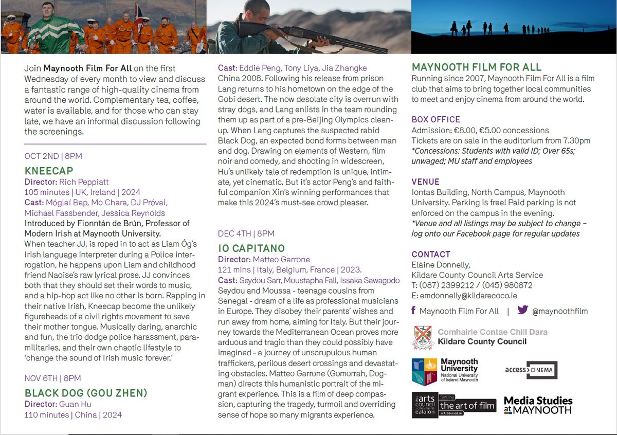 Tonight at 8pm in Iontas Theatre, Maynooth Film For All will be showing Black Dog (China, 2024), winner of the Un Certain Regard award at Cannes. Returning from prison, Lang joins a unit rounding up stray dogs in a town on the edge of the Gobi desert. Tickets €5/8 on the door.