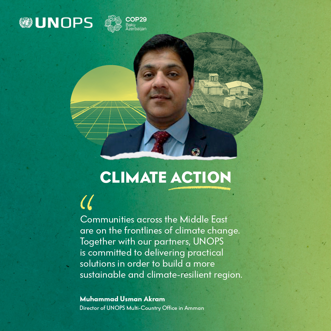 Climate change threatens health, safety &amp; livelihoods. 

Across the Middle East, we’re providing practical solutions to help communities build resilience &amp; advance #ClimateAction.

#COP29 | <a href="/UNOPSMiddleEast/">UNOPS Middle East</a>