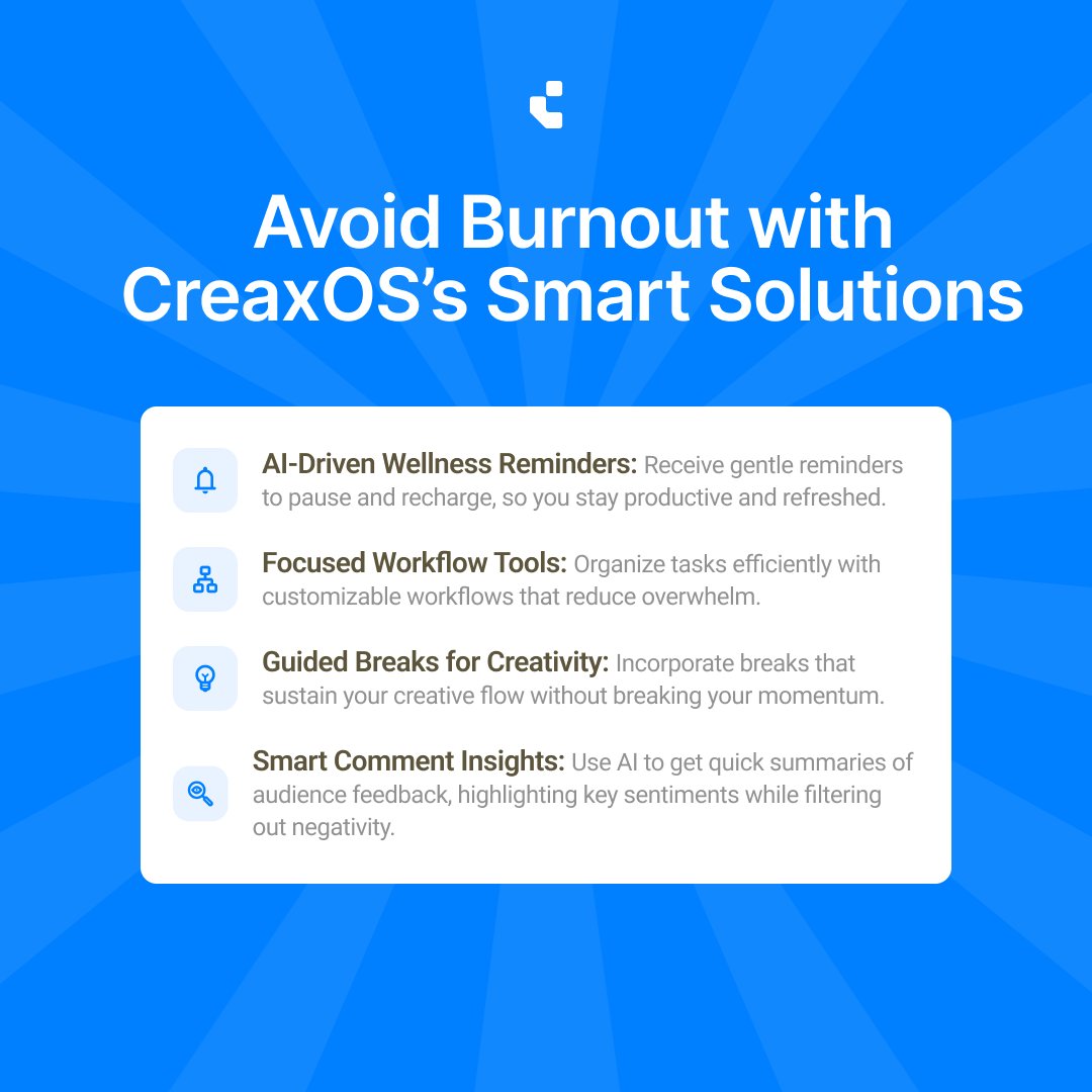 Creax_OS's tweet photo. Creators: Burnout doesn’t have to be part of the process! Let CreaxOS make content creation easier and way more fun!

#ContentCreatorTools #AIForCreators #mentalhealth #creatorssupport https://t.co/QSsEIpdiRz