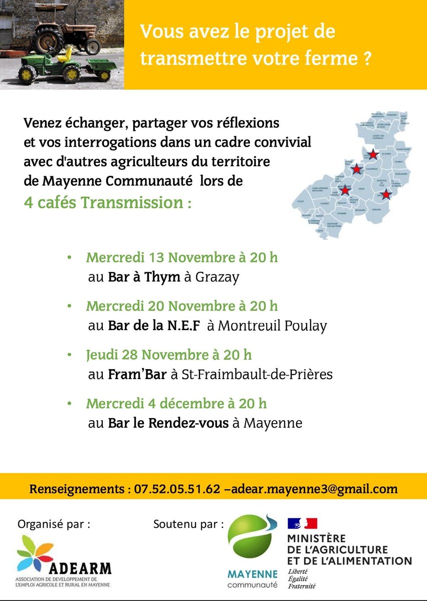 ensemblepourla1's tweet photo. 👩🏻‍🌾🚜Organisation par l'ADEARM de 4 Cafés-transmission d'exploitations agricoles sur le territoire de #mayennecommunaute

- à destination des futurs agriculteurs.rices.
- partager d'expérience avec des agriculteurs retraités
- gratuits

ℹ️ADEARM : 07 52 05 51 62. https://t.co/KSi1UlJt2V