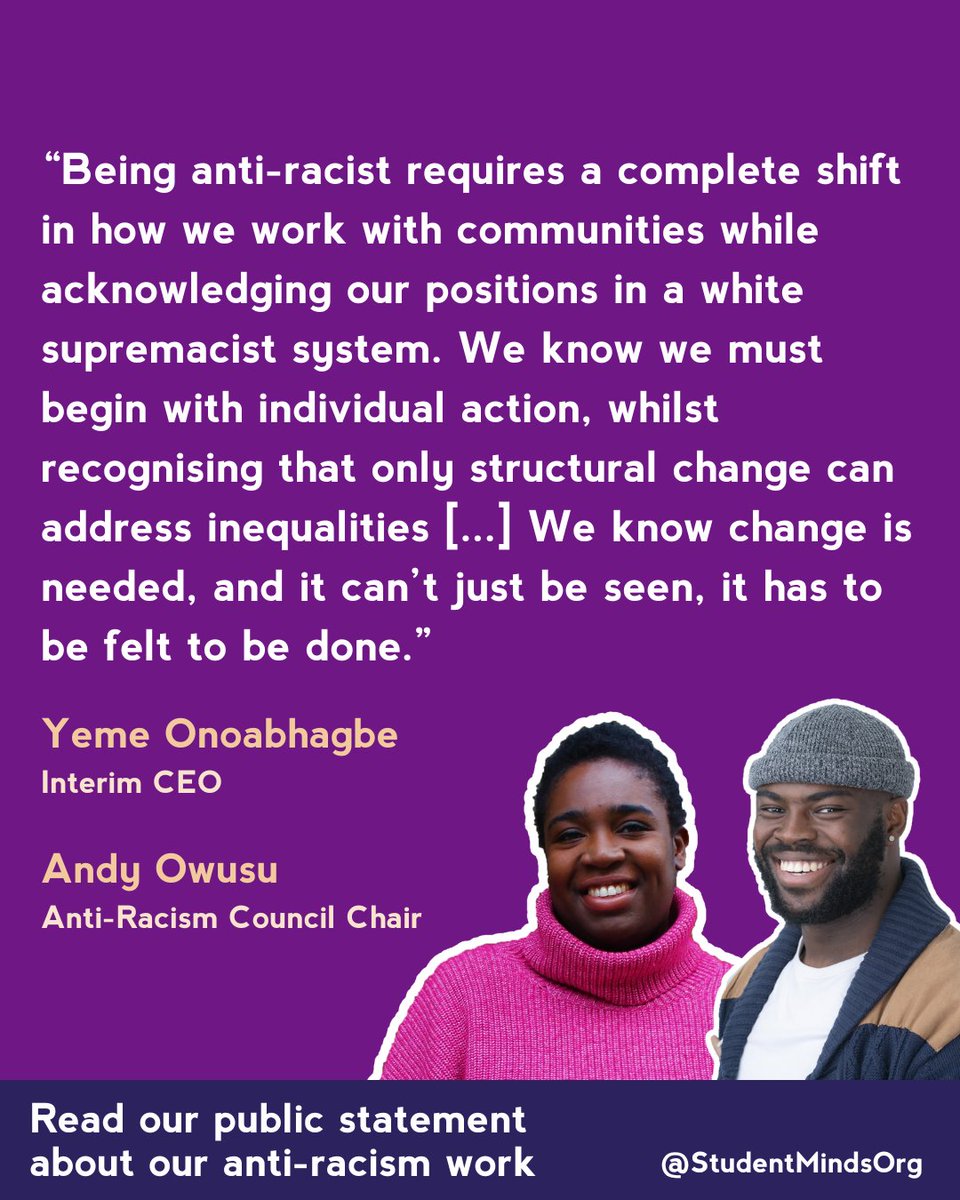 At Student Minds we have an ambition to be a truly anti-racist organisation.

This work is not easy and requires a willingness to confront uncomfortable truths.

To find out more about our journey as an organisation, read our full statement now: ow.ly/4RYp50U15h8