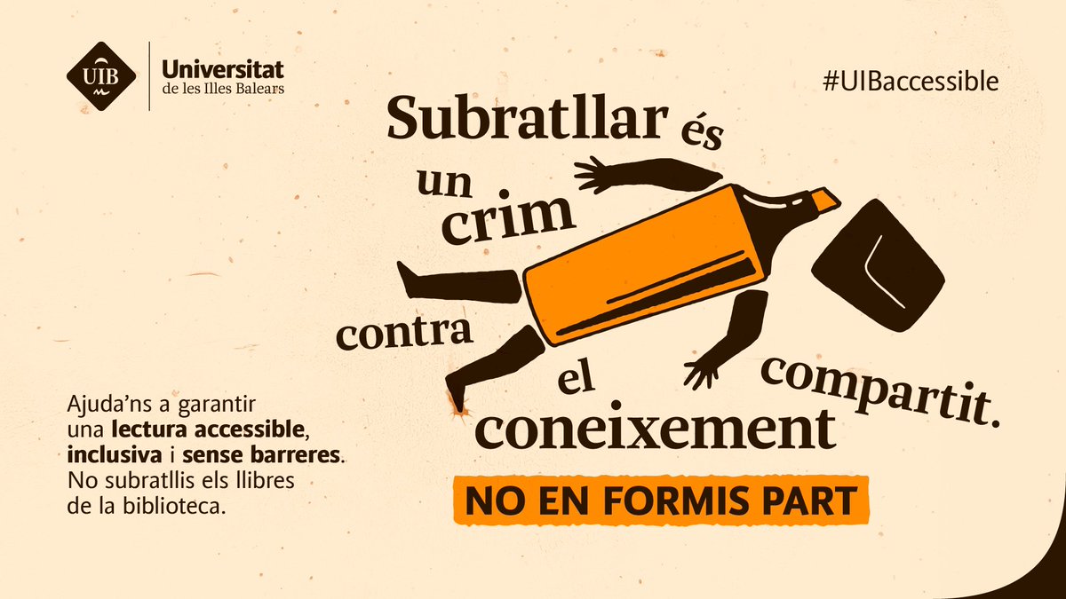 Biblioteca de la UIB (@bibliotecauib) on Twitter photo 📝Quan subratlles o escrius als llibres de la #biblioteca, crees barreres que impedeixen l’accés a la informació a les persones amb necessitats especials.
📖Fomenta el coneixement compartit i #NoSubratllis!
#UIBaccessible
🔗Més informació a: biblioteca.uib.cat/ods/nosubratll… 📝Quan subratlles o escrius als llibres de la #biblioteca, crees barreres que impedeixen l’accés a la informació a les persones amb necessitats especials.
📖Fomenta el coneixement compartit i #NoSubratllis!
#UIBaccessible
🔗Més informació a: biblioteca.uib.cat/ods/nosubratll…
