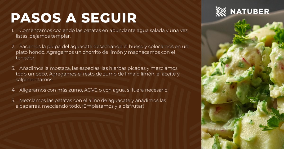 NatuberSL's tweet photo. Si hay una opción fresca y sabrosa, es esta ensalada de patata cremosa con salsa de aguacate. Te dejamos la receta para que te pongas manos a la obra y sorprendas a tus comensales 🥗👩🏻🍳
#NATUBER #Calidad #HORECA https://t.co/t5EohHnbcO