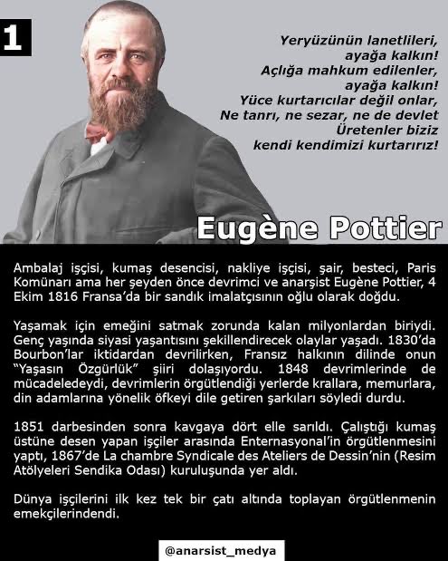 tts81030370's tweet photo. #Enternasyonal (L'Internationale)
~
Eugène Pottier,
Bir şiirin marş oluşuyla, unutulmazlar arasına girdi.
Hayat hikayesi de ilginç.
~
Fransız devrimci, sosyalist, şair,nakliye işçisi. Mart 1871'de Paris Komünü'ne seçildi. Komün'ün yenilgisinden sonra, Enternasyonal şiirini yazdı. https://t.co/QmSjcG2Upw