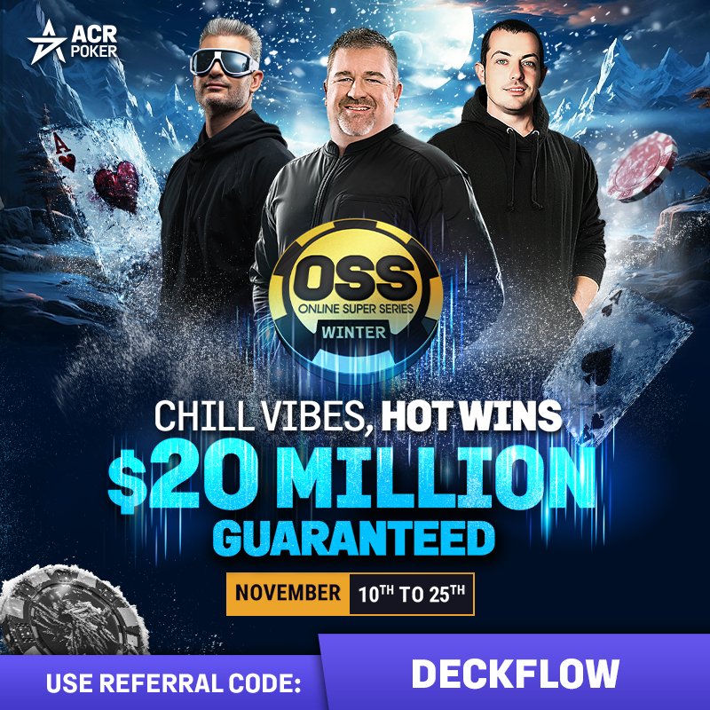 deckflowpoker's tweet photo. 🔥 GIVEAWAY ALERT 🔥

Get ready to heat up your winter with the Winter Online Super Series! ❄️ 

Giving away 3x $33 tickets for the $250,000 GTD event! 🔥

💰 $20 Million in total prize pools
🏆 $35,000 Leaderboard Competition
🎯 Main Events: $1.5M & $750K GTD
🤫 Mystery Bounties + multi-flight tourneys!

1️⃣ Follow me
2️⃣ Like + Retweet
3️⃣ Tag a friend & leave your ACR name in the comments

The WOSS runs Nov 10-25 - let’s get you on the leaderboard!

Winners announced Friday, Nov 8th! 🎉