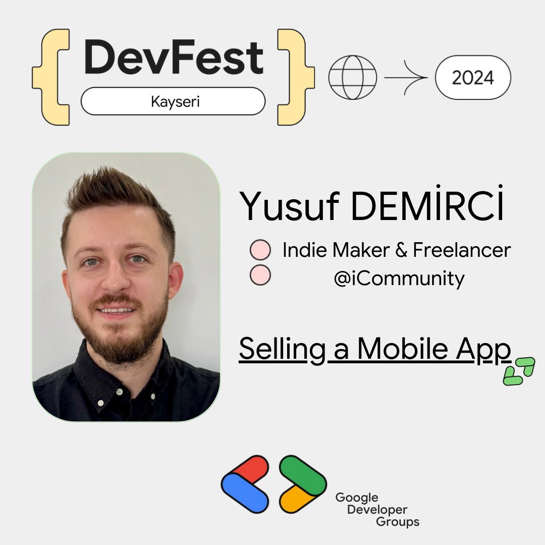 Heyecanla beklediğimiz DevFest'24 Kayseri'nin bir diğer konuşmacısı Yusuf Demirci!!!🚀

iCommunity kurucusu,Indie Maker &amp; Freelancer Yusuf Demirci "Selling a Mobile App" başlıklı konuşması ile bizlerle olacak.

Etkinlik ücretsiz, biletler zorunludur.
linktr.ee/devfestkayseri