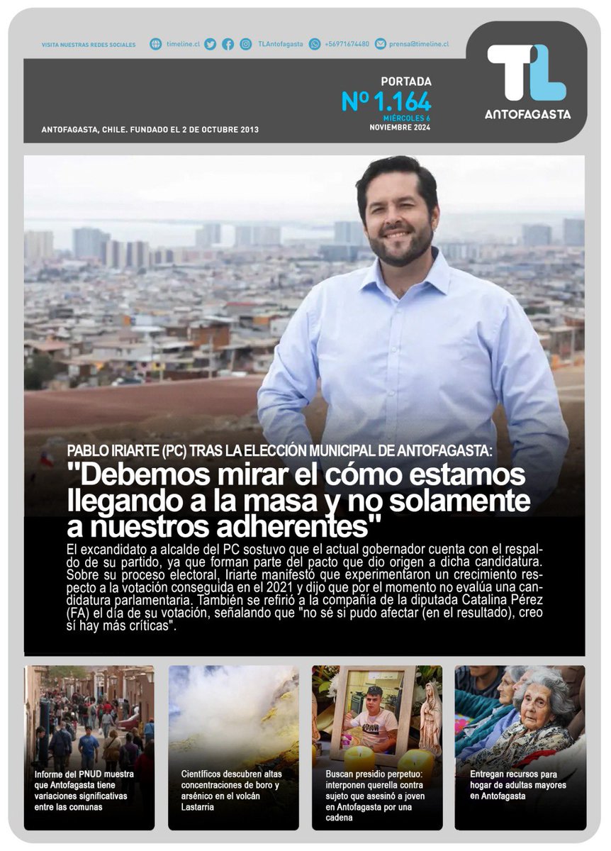 TLAntofagasta's tweet photo. #PortadaTL | #Antofagasta | Te invitamos a revisar nuestra portada de hoy miércoles 06 de noviembre 2024
Lee todas estas notas y más en https://t.co/k1mgIhGo6g
Revisa la nota principal en el siguiente link:
https://t.co/B56g2XWVb6 https://t.co/KSPfr3TgV3