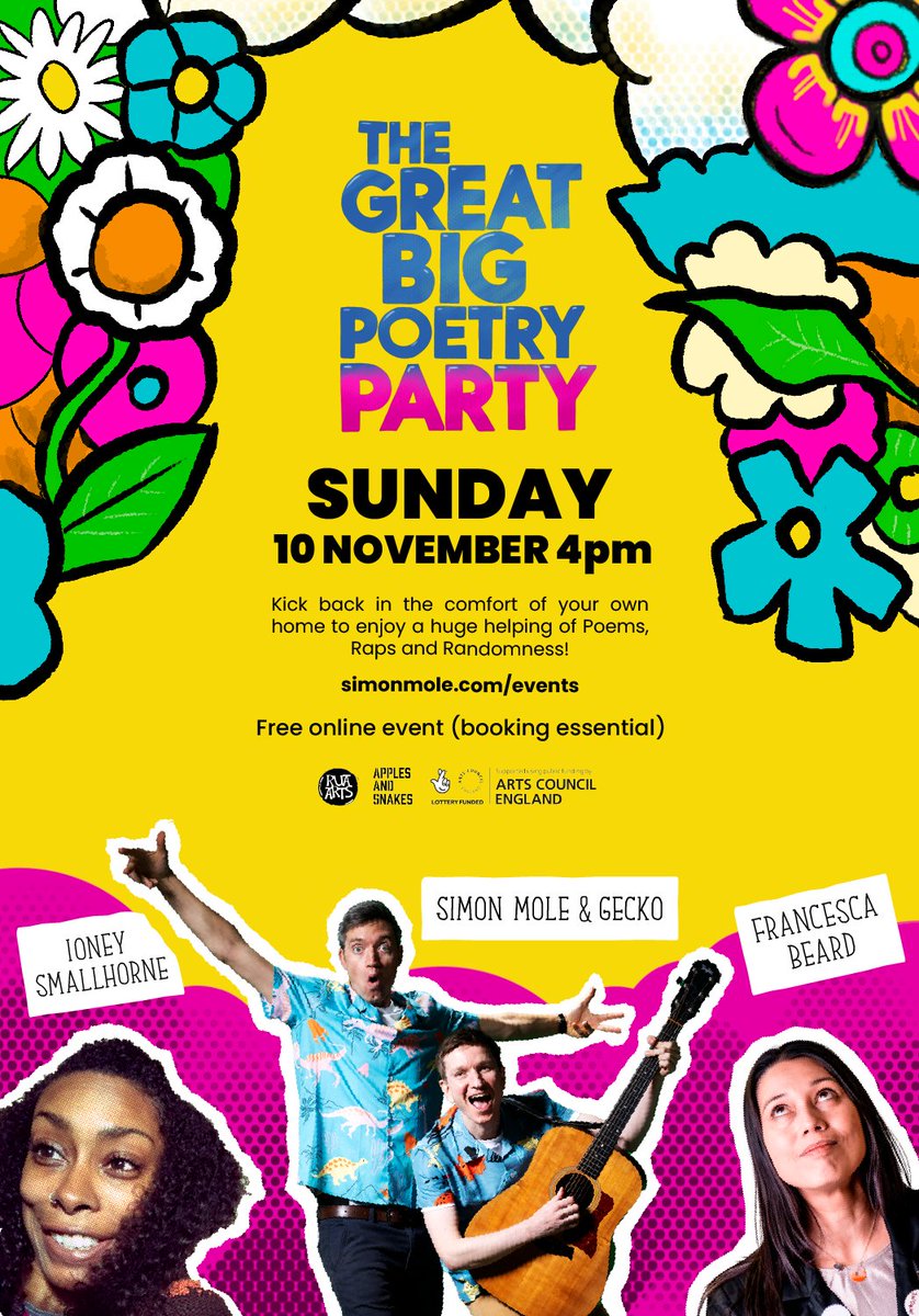 Apples and Snakes (@applesandsnakes) on Twitter photo This Sunday 10 November poet <a href="/Si_Mole/">Simon Mole</a> hosts the Great Big Poetry Party! 🎉 🎈 🎊
This free online event features poetry from <a href="/ioneyiscreative/">ioney smallhorne</a> and <a href="/FrancescaBeard/">Francesca Beard</a> join the party from 4pm and have bags of fun and silliness! 😀
Book your space here👇 bit.ly/3PpIy5Y This Sunday 10 November poet <a href="/Si_Mole/">Simon Mole</a> hosts the Great Big Poetry Party! 🎉 🎈 🎊
This free online event features poetry from <a href="/ioneyiscreative/">ioney smallhorne</a> and <a href="/FrancescaBeard/">Francesca Beard</a> join the party from 4pm and have bags of fun and silliness! 😀
Book your space here👇 bit.ly/3PpIy5Y