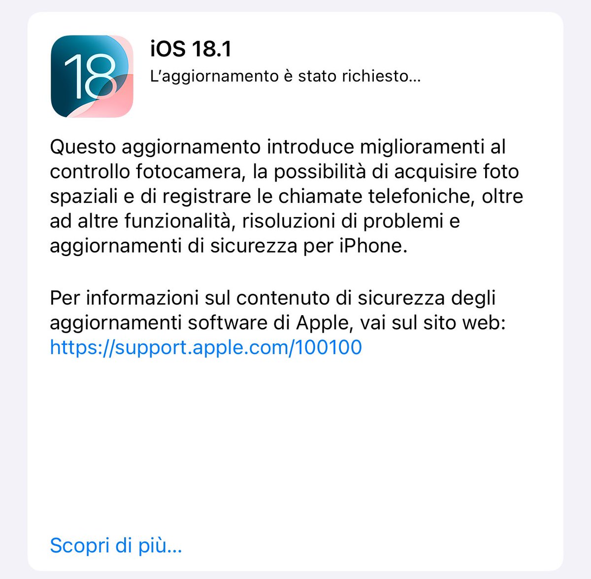 gabrielecelata's tweet photo. Mi ero dimenticato che è uscito iOS 18.1, aggiorniamo. 😎 https://t.co/0B5pvmkIae