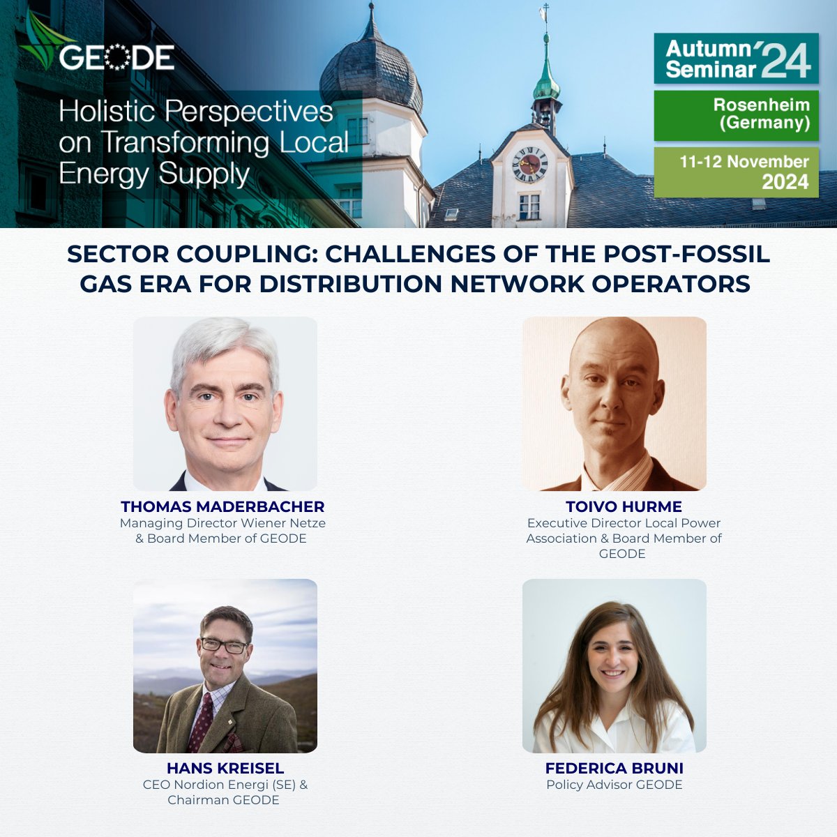 📢GEODE Autumn Seminar
🗓 12/11
📍Rosenheim (DE)

Join us for the Autumn Seminar where our members from Austria, Finland &amp; Sweden will speak at a roundtable discussion on the challenges of the post-fossil gas era for distribution network operators! Agenda🔗bit.ly/4fbnXyP