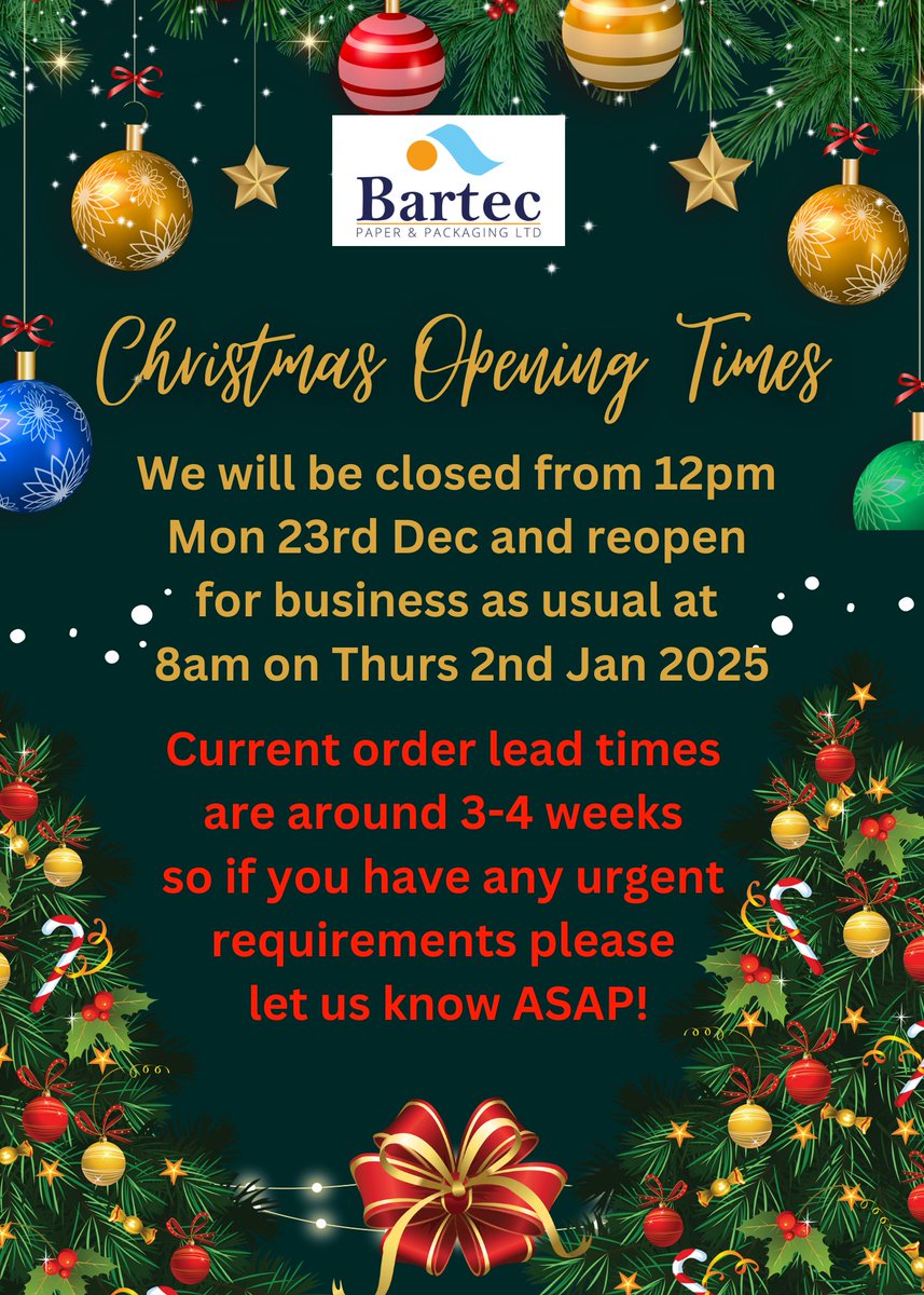 BartecPackaging's tweet photo. Please see our Christmas opening times for 2024!
#Ordernow #Christmas #confectionery #bartec https://t.co/SyrLzWGsqU