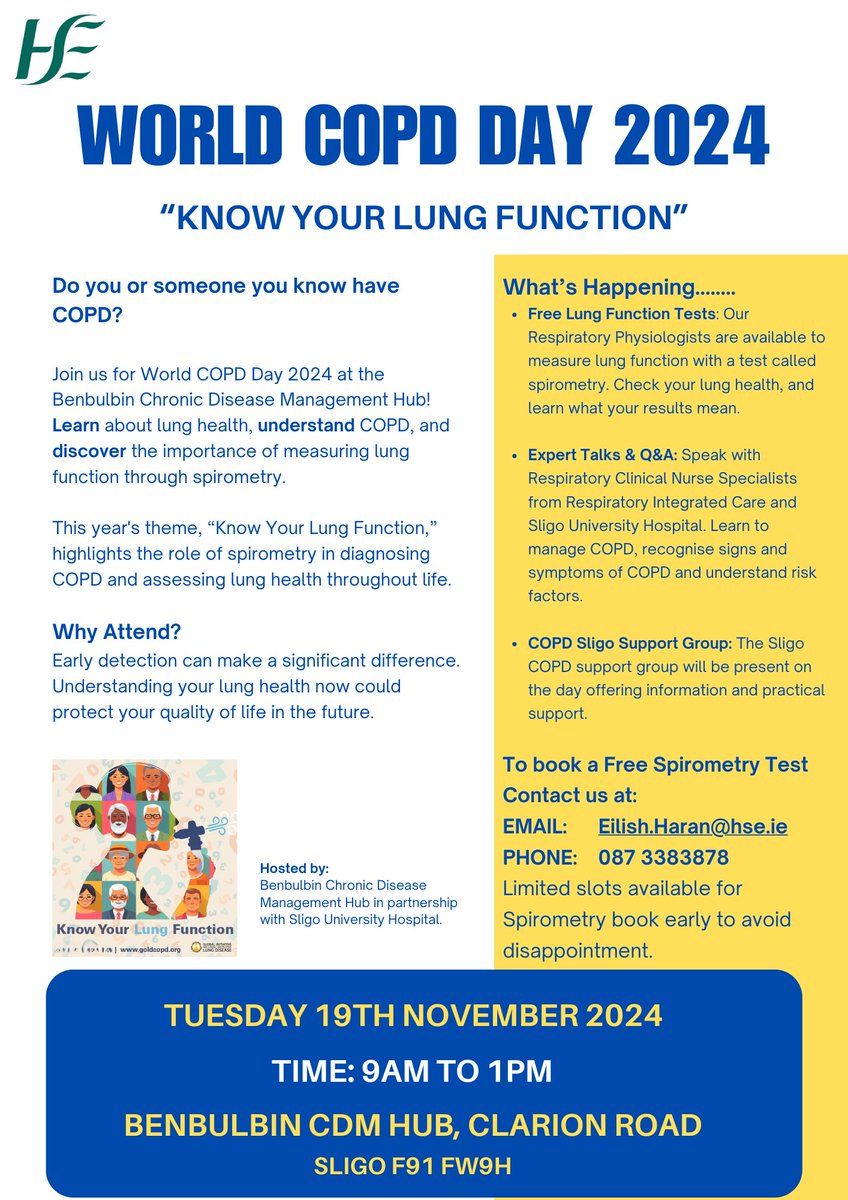 Do you or someone you know have #COPD?
Join us for #WorldCOPDDay2024 at the Benbulbin CDM Hub Sligo! 
Tuesday, Nov 19 | 9 AM - 1 PM
📍 Clarion Road, Sligo, F91 FW9H
This year’s theme: Know Your Lung Function
Meet the experts in COPD &amp; have your lung function checked #LungHealth
