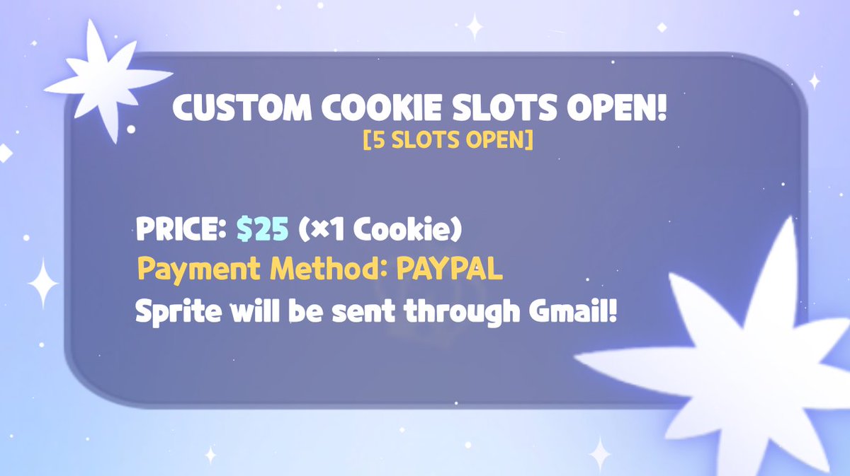 Krosmiverse's tweet image. Custom Cookie Slots are OPEN!
(0/5)

💐Price: $25
💐Payment Method: PayPal
It&apos;s first come first serve! (The last ones to claim a slot may have to wait longer)
*I&apos;ll be sending the cookie through Gmail🏃

TAGS: #cookierun #customoc