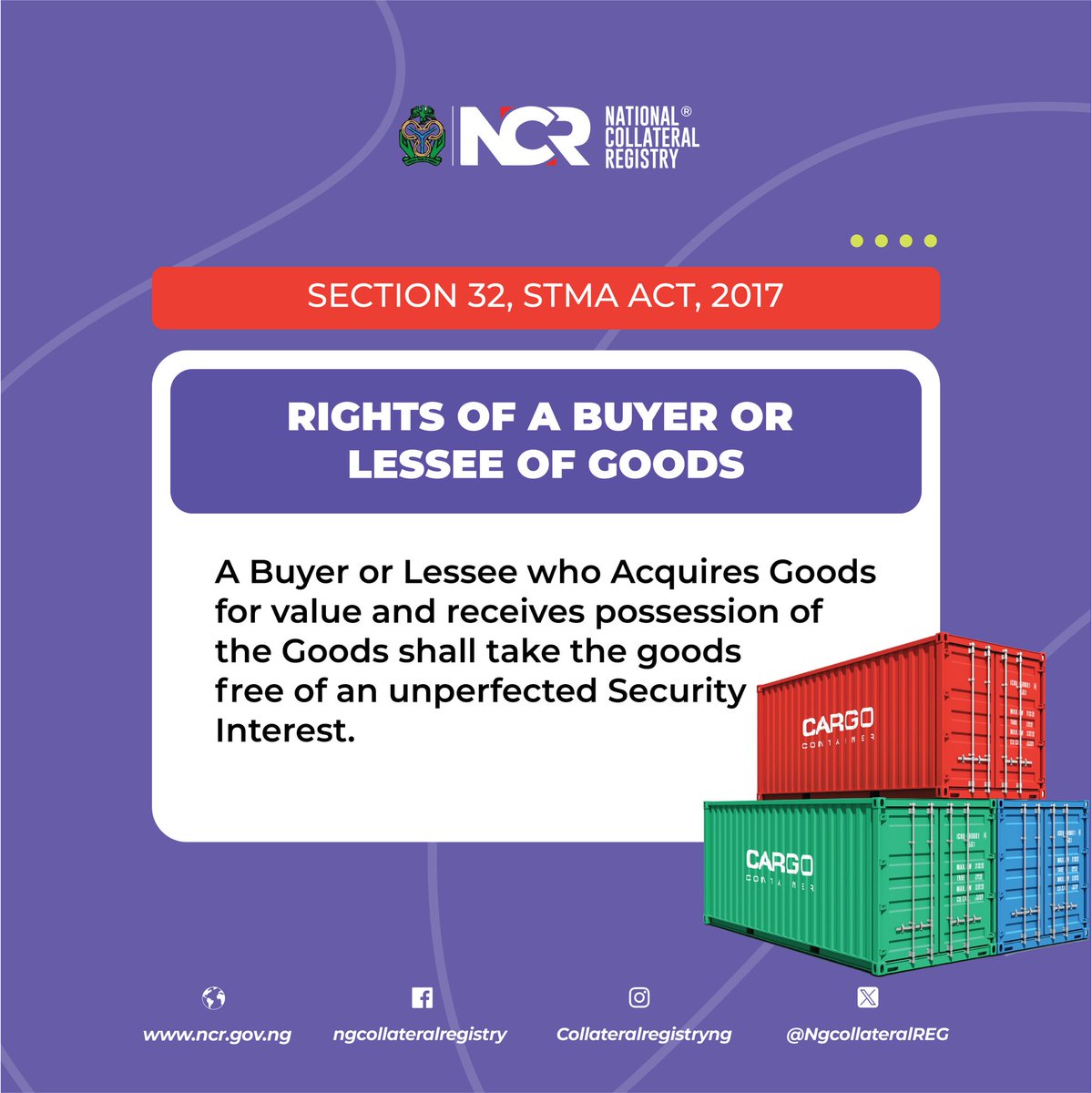 NGCollateralREG's tweet photo. Under section 32 of the STMA ACT, 2017, a Buyer or Lessee who acquires goods for value and receives possession of the goods shall take the goods free of an unperfected Security Interest. 

For more:  https://t.co/jwBgB2MZFZ https://t.co/d1cVtUJWmg