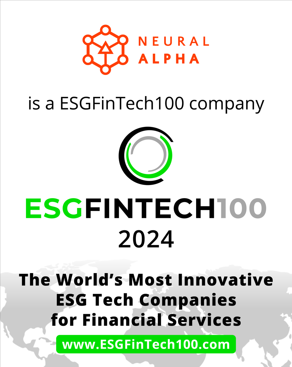 FINTECH GLOBAL (@fintech_global) on Twitter photo A huge congratulations to <a href="/NeuralAlpha/">Neural Alpha</a> for being one of the companies named in this year's #ESGFinTech100 list!
Check out the full list here: loom.ly/j1DNjW8
#ESG #FinTech A huge congratulations to <a href="/NeuralAlpha/">Neural Alpha</a> for being one of the companies named in this year's #ESGFinTech100 list!
Check out the full list here: loom.ly/j1DNjW8
#ESG #FinTech