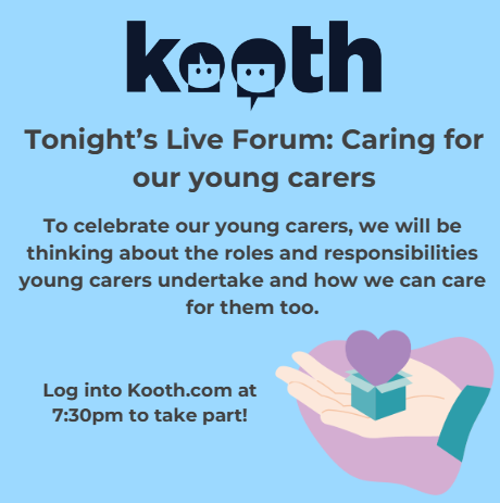 #WellbeingWednesday

Check out our Live Forum: Caring for our young carers

Come along tonight at 7:30pm and chat to other likeminded young people.

#MentalHealthAwareness 
#MentalHealthMatters 
#Kooth