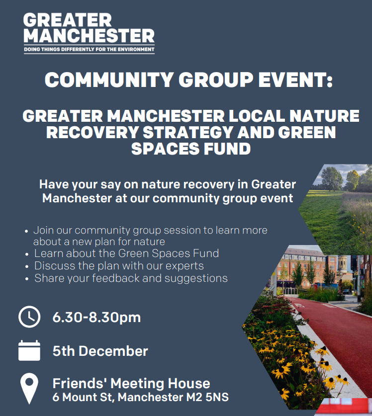 gme_trust's tweet photo. Have your say about nature in GM! ๐ณ@greatermcr are hosting a free event in December as part of their #LocalNatureRecoveryStrategy consultation: a chance to share ideas for a greener future and learn about the Green Spaces Fund. Tickets โก๏ธ https://t.co/TW7135UGJO https://t.co/el6suAMhg8