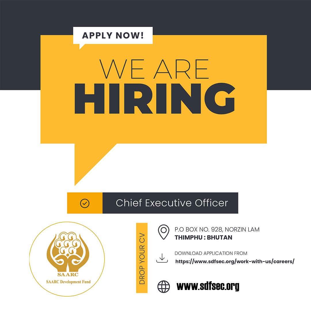 ‼ 📢SDF seeks a Chief Executive Officer to lead its Secretariat in Thimphu, Bhutan. If you are an accomplished professional aged 45 &amp; 55 from a SAARC Member State, we invite you to apply! More Details here -&gt;
sdfsec.org/vacancy-announ…