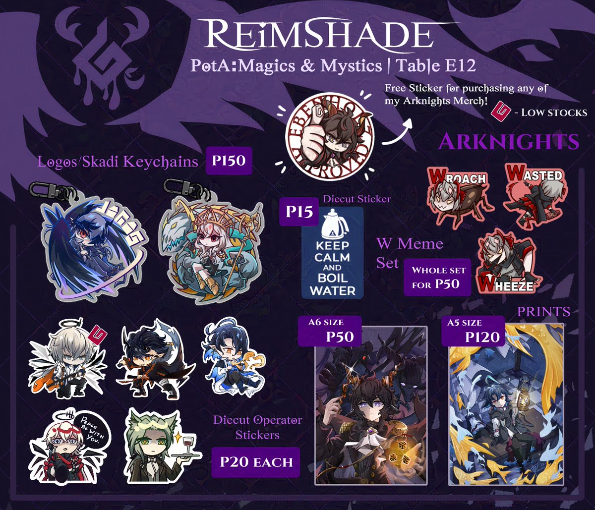 reimshade's tweet photo. Been quiet because I've been hard at work working at projects that's not just illustrations... rip. 
But I will be boothing with @slippersyaro at Pota: Magics and Mystics this weekend, My catalog  has finally been finished!

Hi, I have some arknights, fanmerch, and oc stuff 🙏 https://t.co/b0hS3cXQHZ