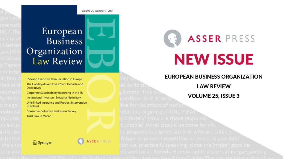 T.M.C. Asser Instituut (@tmcasser) on Twitter photo 📚 The latest issue of #EBOR is out now! It features 7 articles (3 #openaccess) on topics such as the role of executive pay in #ESG, liability-driven investment risks, and #EU sustainability reporting.
🔗 Read here: link.springer.com/journal/40804/…
<a href="/SpringerLaw/">SpringerLaw</a> @fbakkerfrank 📚 The latest issue of #EBOR is out now! It features 7 articles (3 #openaccess) on topics such as the role of executive pay in #ESG, liability-driven investment risks, and #EU sustainability reporting.
🔗 Read here: link.springer.com/journal/40804/…
<a href="/SpringerLaw/">SpringerLaw</a> @fbakkerfrank