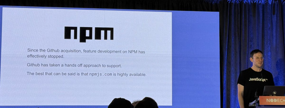 ljharb's tweet photo. this npm slide from @rough__sea at #nodeconfeu is exactly correct, sadly https://t.co/r3EEd8kby5