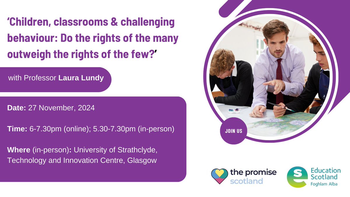 The Promise Scotland (@thepromisescot) on Twitter photo Professor Laura Lundy, Co-Director of the Centre for Children’s Rights, will join <a href="/EducationScot/">Education Scotland</a> and The Promise Scotland on November 27 to look at how rights based approaches can support Scottish school staff. Find out more about online tickets here: ow.ly/E3TQ50TWXNV Professor Laura Lundy, Co-Director of the Centre for Children’s Rights, will join <a href="/EducationScot/">Education Scotland</a> and The Promise Scotland on November 27 to look at how rights based approaches can support Scottish school staff. Find out more about online tickets here: ow.ly/E3TQ50TWXNV