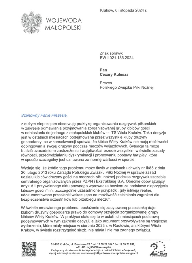 Malopolski_UW's tweet image. ‼️ Pismo wojewody małopolskiego Krzysztofa Jana Klęczara do prezesa PZPN Cezarego Kuleszy

➡️ malopolska.uw.gov.pl/PressArticlePa…
____
#KrzysztofJanKlęczar @WislaKrakowSA @pzpn_pl  @Czarek_Kulesza