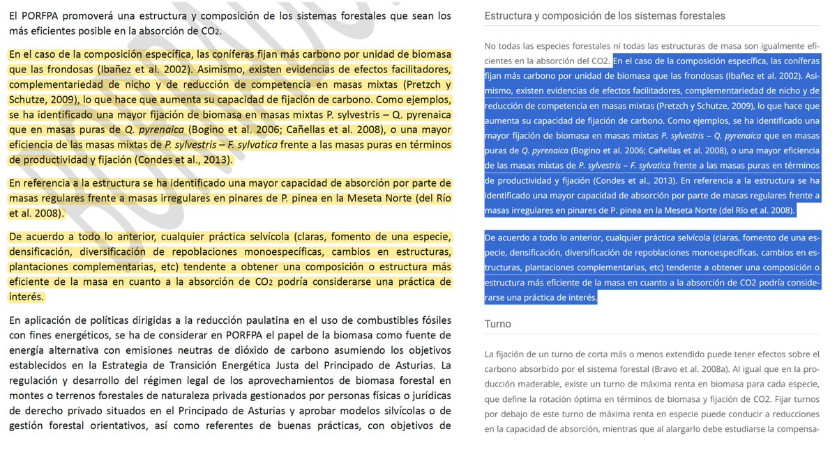 El problema está en lo que se copia y en de dónde se copia. En el texto izquierdo están subrayados 3 párrafos (pág. 57 del Plan Forestal que propone el <a href="/GobAsturias/">Principado de Asturias</a>); en el derecho, exactamente las mismas 200 palabras de la web de un lobby forestal (fbycc.org).