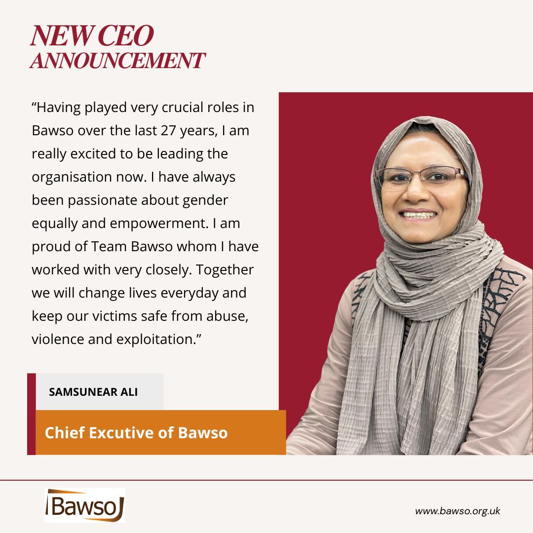 Bawso's tweet photo. Bawso Announcement of the CEO
We are thrilled to share that Samsunear Ali has been appointed as the new Chief Executive of Bawso!  With her extensive leadership experience and a clear vision for the future, she is ready to lead us to new heights. 

#NewCEO #Leadership #Welcome https://t.co/CuidSVKRCF