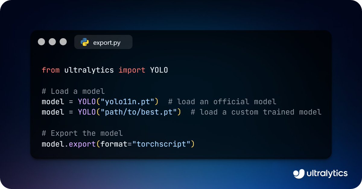 ultralytics's tweet image. Export Ultralytics YOLO11 to the TorchScript format! 🖥️
Easily export the YOLO11 model to TorchScript for optimized deployment in @PyTorch environments, enabling fast and efficient inference across platforms.
Learn more ➡️ ow.ly/2RjQ50TLY0e
#AI #YOLO11 #TorchScript